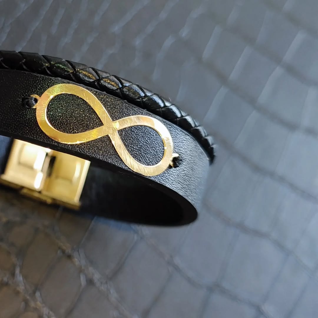 دستبند چرم گاوی دولایه با پلاک طلا